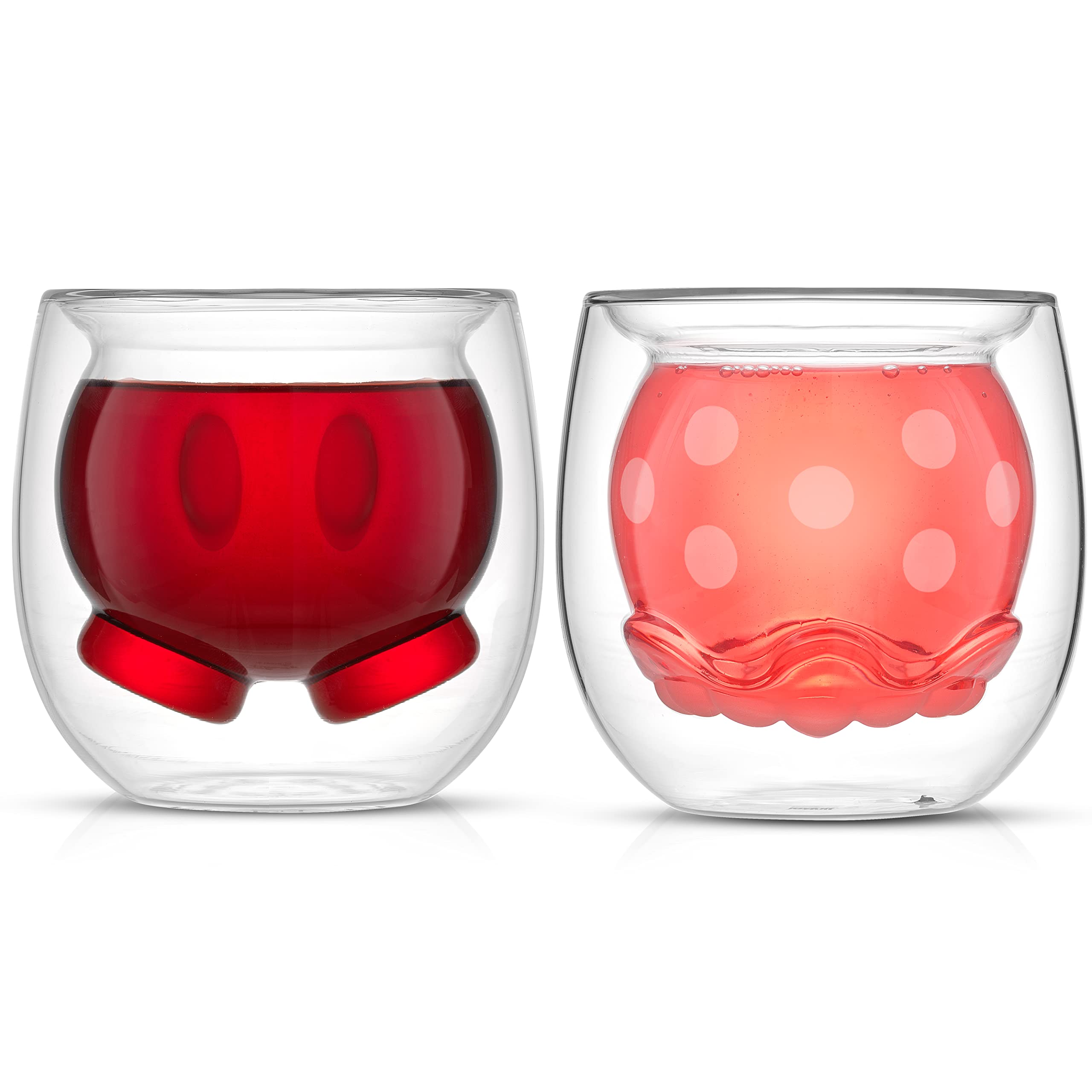 JoyJolt Mickey Pants and Minnie Skirt 3D 7.4oz Double Wall Glass Coffee Cups Set of 2, Disney Coffee Mug, Espresso and Tea Cups, Collection of Double Wall Glasses, Disney Gifts