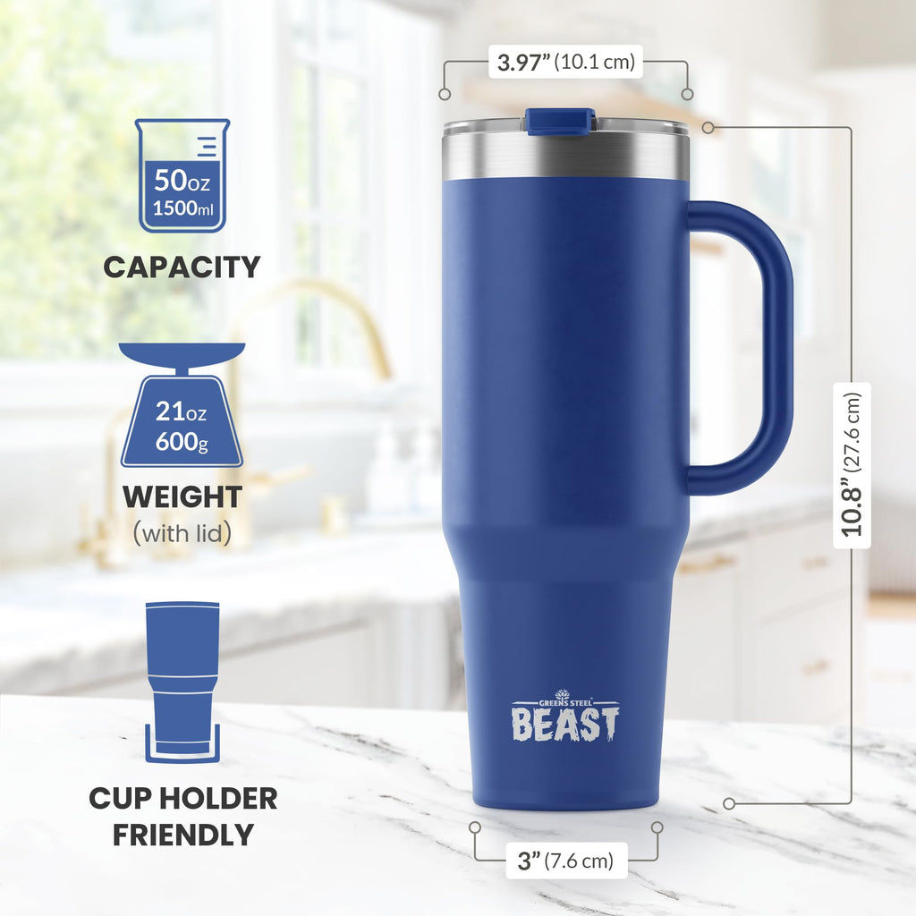 Beast 50 oz Tumbler with Handle Stainless Steel Vacuum Insulated Coffee Ice Cup Double Wall Travel Flask (Royal Blue)