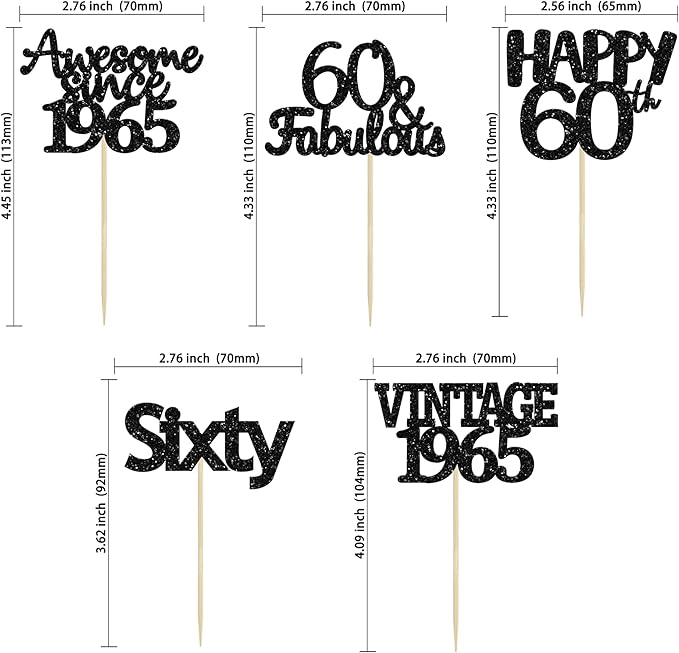Gyufise 30Pcs 60th Birthday Cupcake Toppers Vintage 1965 Cake Decorations Cheers to 60 Fabulous Sixty Cupcake Picks 60th Birthday Wedding Anniversary Party Cake Decorations Supplies Black