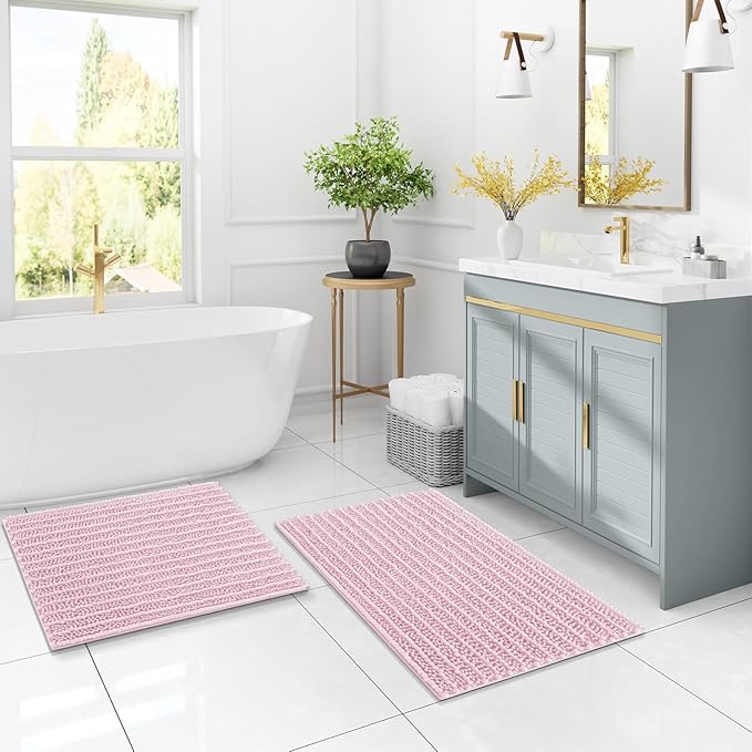 Arotive Luxury Chenille Bathroom Rug Mat, Extra Soft Thick Absorbent Shaggy Bath Rugs, Non-Slip Machine Wash Dry, Plush Bath Mats for Bathroom, Shower and Tub, 40x32, Pink