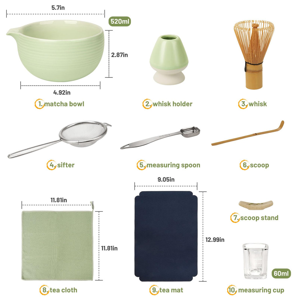 Joiish 10-Pcs Matcha Whisk Set, Matcha Kit with Measuring Spoon/Cup, Green