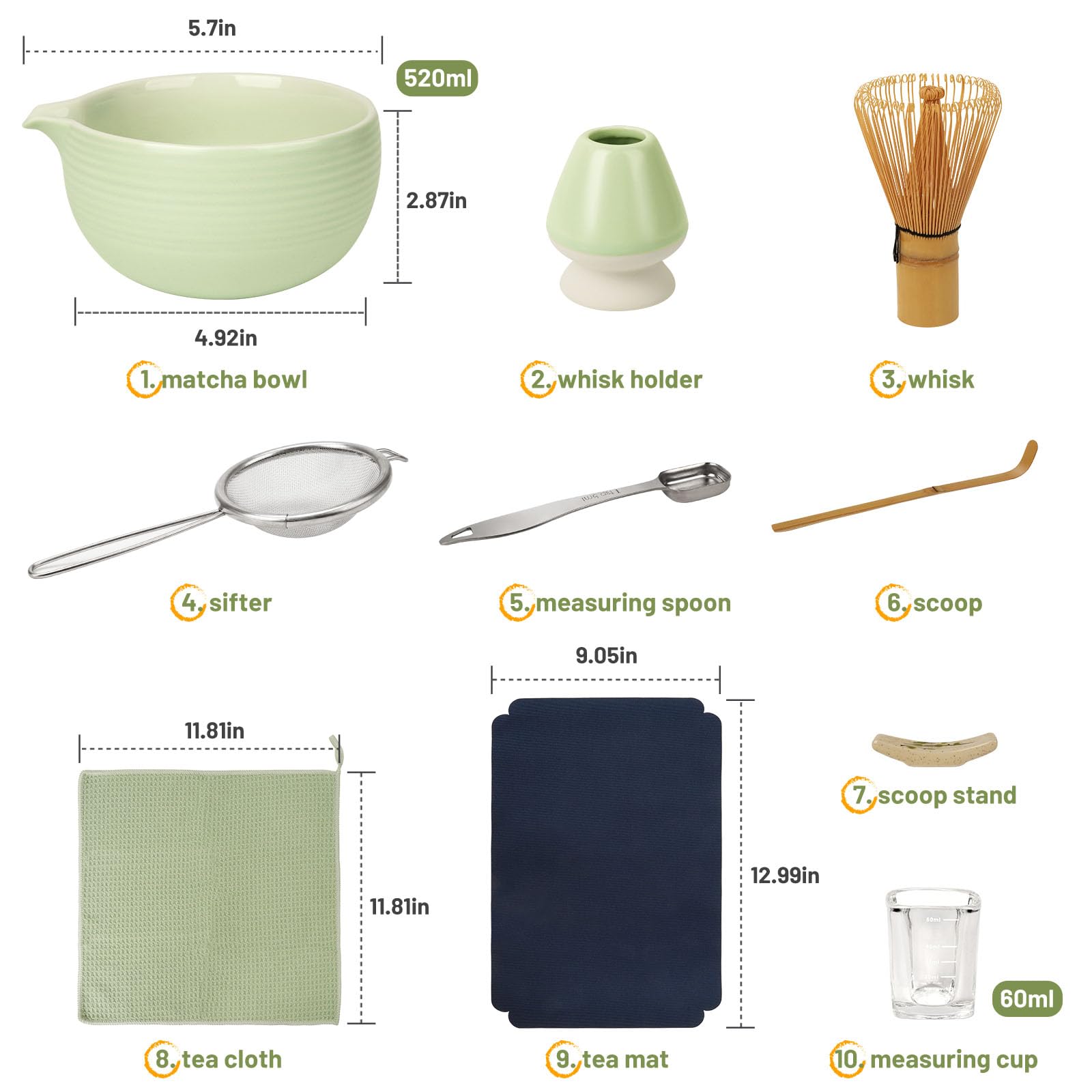 Joiish 10-Pcs Matcha Whisk Set, Matcha Kit with Measuring Spoon/Cup, Green