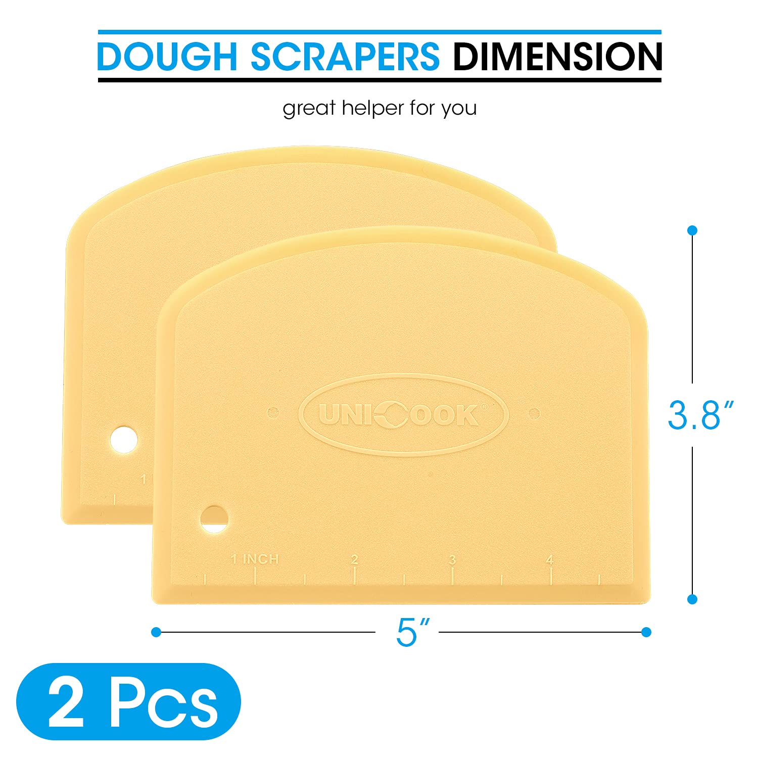 Unicook Dough Scraper, Flexible Bowl Scraper, Pastry Cutter with Measuring Scale, Nonslip Pizza Chopper, Multipurpose Baking Tool for Pizza/Dough/Cake, Easy to Clean, 2 Pack
