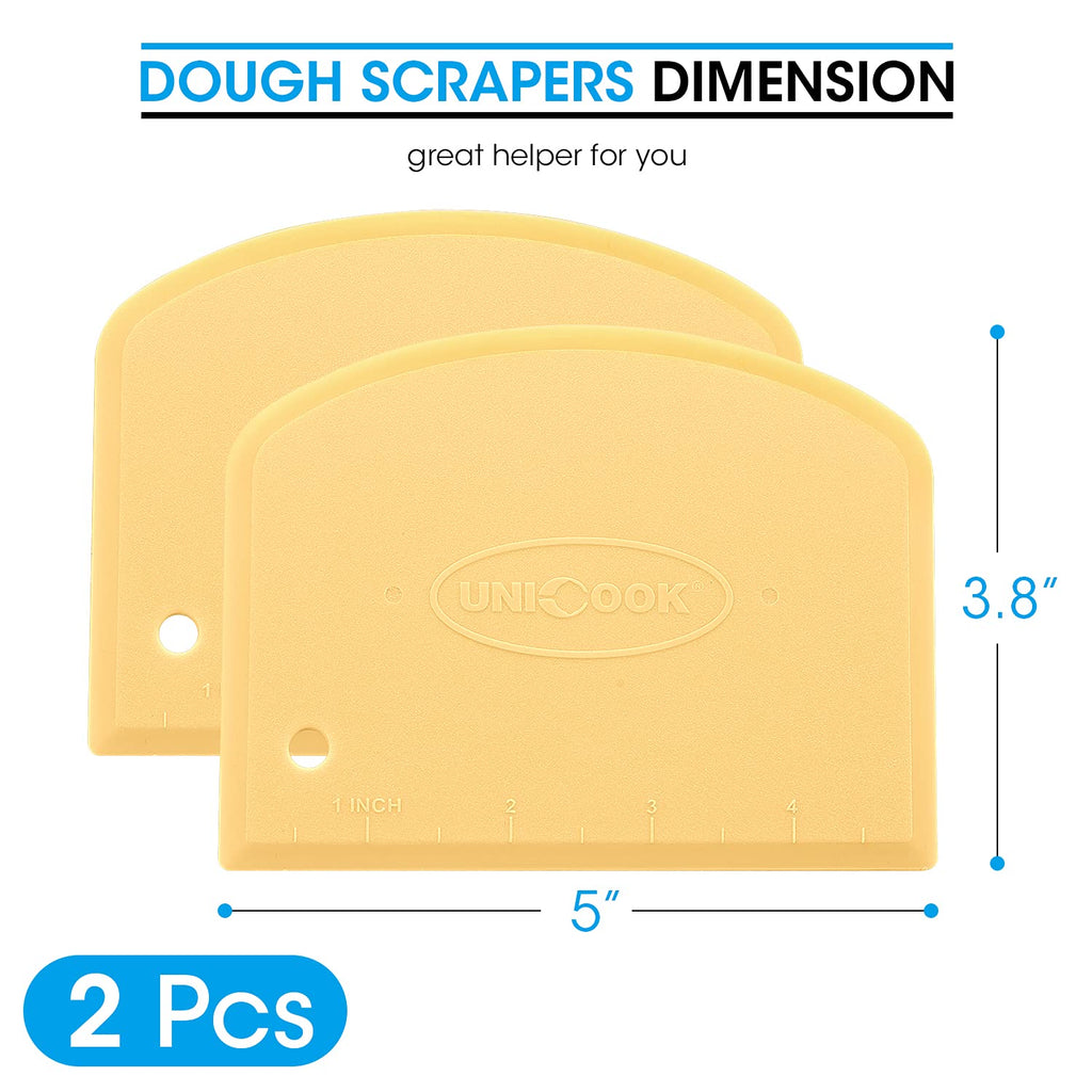 Unicook Dough Scraper, Flexible Bowl Scraper, Pastry Cutter with Measuring Scale, Nonslip Pizza Chopper, Multipurpose Baking Tool for Pizza/Dough/Cake, Easy to Clean, 2 Pack