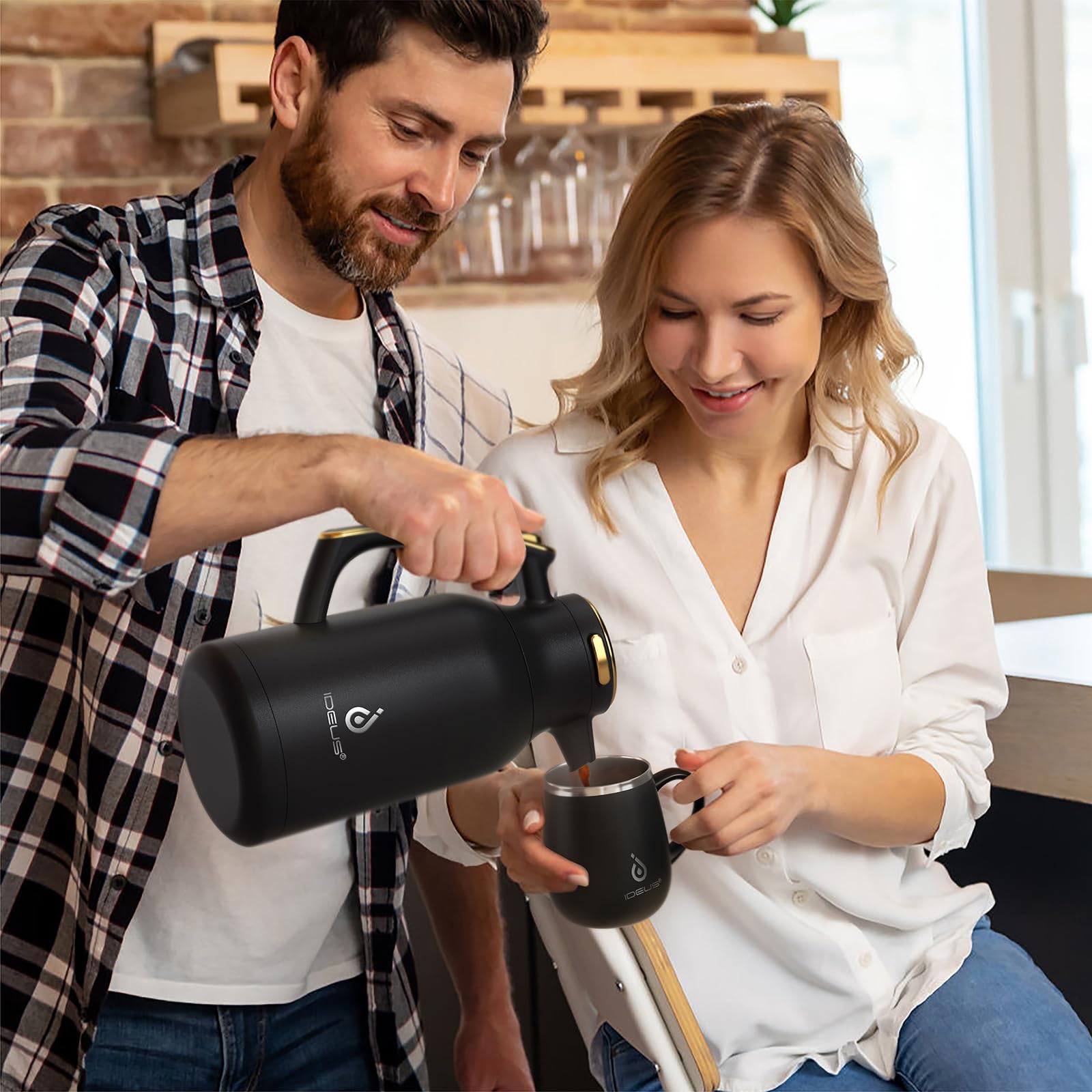 IDEUS Thermal Coffee Carafe, Stainless Steel Double Wall Insulated Vacuum Flask, Water Jug Coffee Server and Beverage Dispenser, Heat and Cold Retention (Black-Gold, 68, Fluid Ounces)