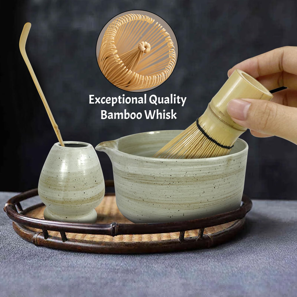 GEXHSRGD Matcha Whisk Set 6 pc Kit - Traditional Japanese Chasen, Bamboo Whisk Holder, Ceramic Bowl with Spout, Sifter & 2 pc Spoons - matcha kit set, Gift for Matcha Tea Lovers(Gray)
