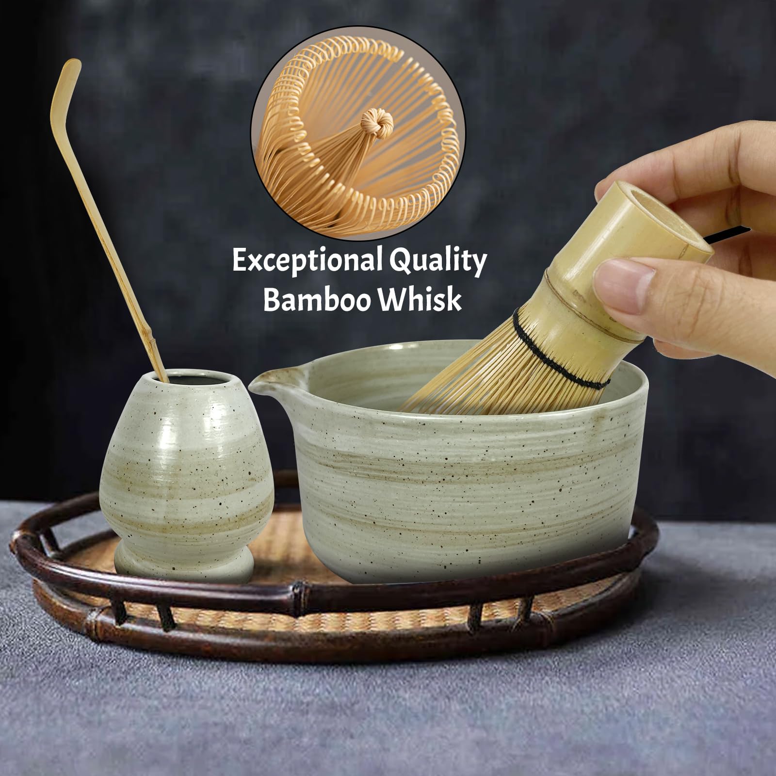 GEXHSRGD Matcha Whisk Set 6 pc Kit - Traditional Japanese Chasen, Bamboo Whisk Holder, Ceramic Bowl with Spout, Sifter & 2 pc Spoons - matcha kit set, Gift for Matcha Tea Lovers(Gray)