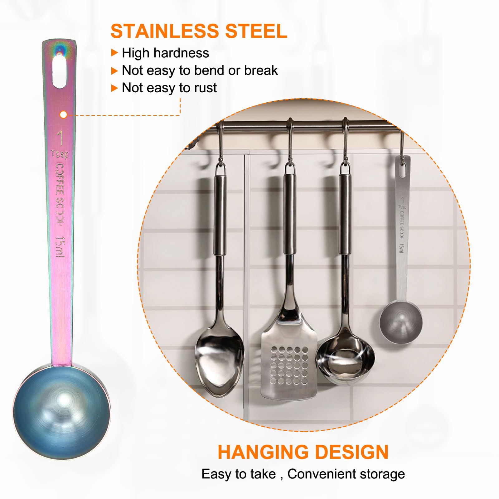 HARFINGTON Coffee Scoop Spoon 1tbsp (3tsp, 15ml) 304 Stainless Steel Long Handle Teaspoon/Tablespoon Measuring Spoons Scoops for Tea Sugar Kitchen, Multicolor