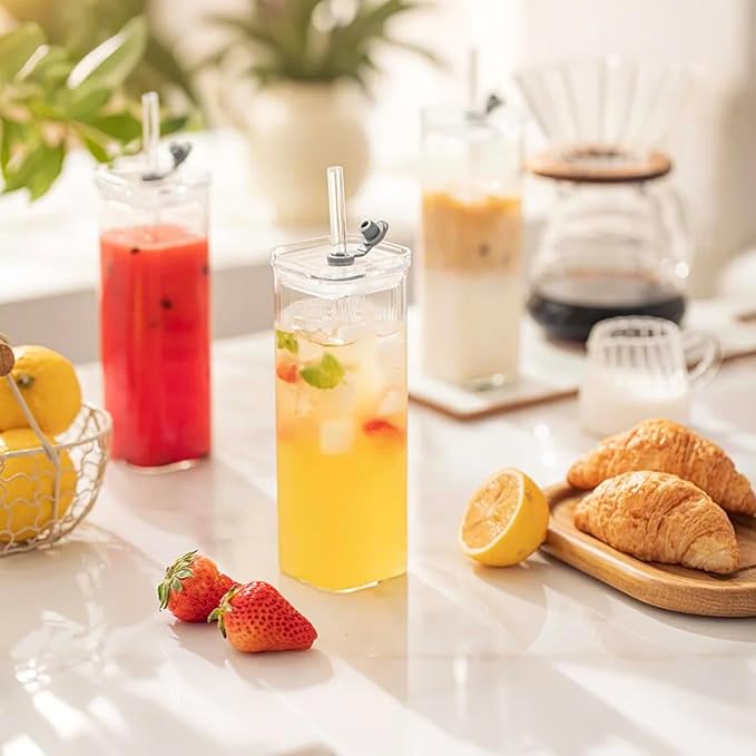 KEMORELA 6 Sets Glass Cups with Lids & Straws, Square Ribbed Drinking Glasses with Lids, Clear Highball Tumblers for Cocktail, Coffee, Juice, Beer, Modern Mixed Drinkware Jars