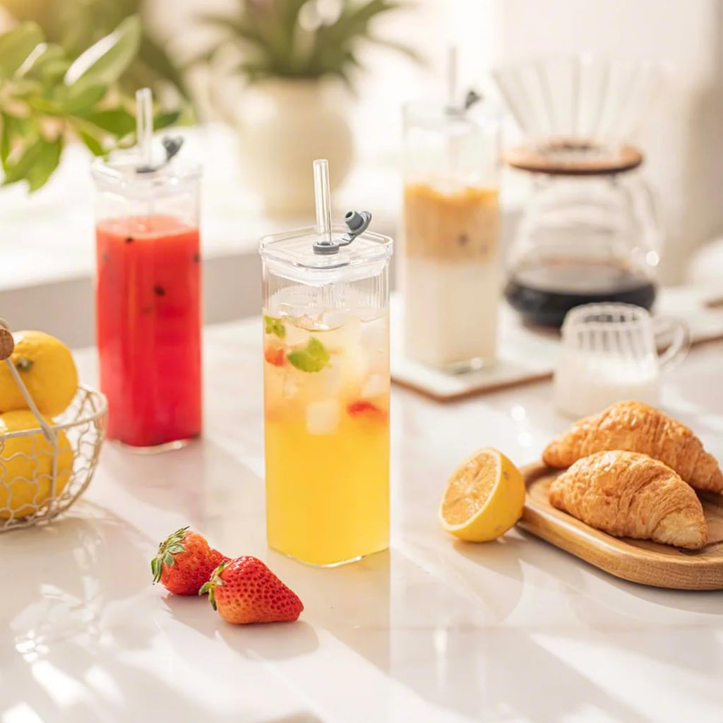 KEMORELA 12 Sets Square Drinking Glass Cups with Lids & Straws, 17 Oz Clear Highball Glasses for Cocktail, Iced Coffee, Juice, Beer - Modern Glass Tumblers