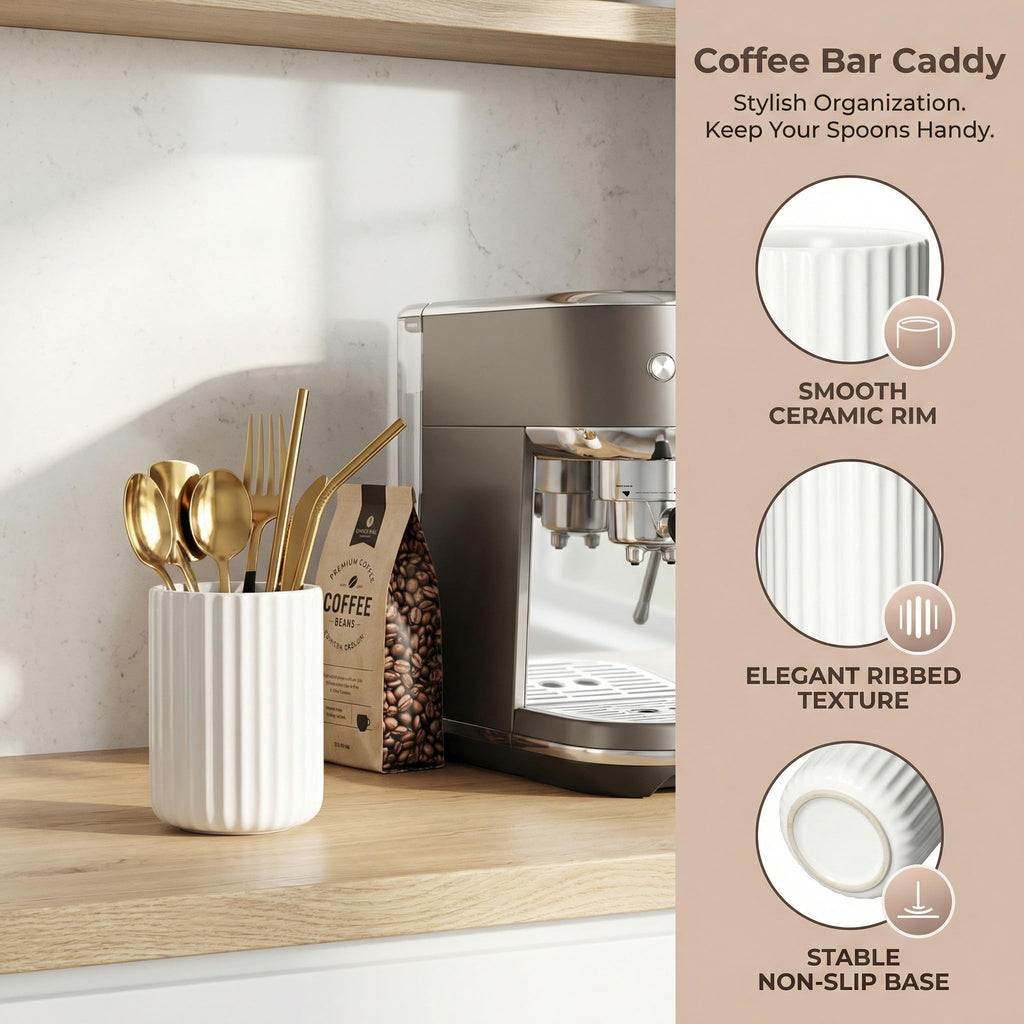 U-TIMES Ceramic Spoon Holder for Coffee Bar, Upright Tea Spoon Holder Cup, Coffee Stirrers Straws Stir Stick Holder, Cement Grey Fluted Surface
