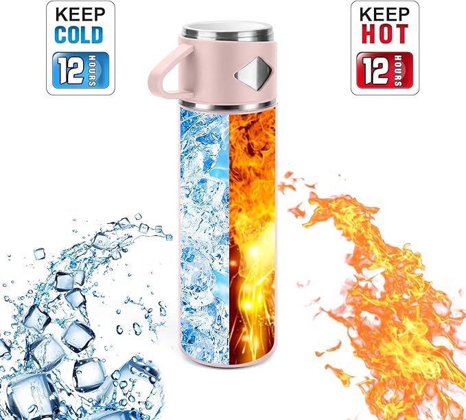Stainless Steel Thermo 700ml/23.7oz Vacuum Insulated Bottle with Cup for Coffee Hot drink and Cold drink water flask.(Pink,Set)