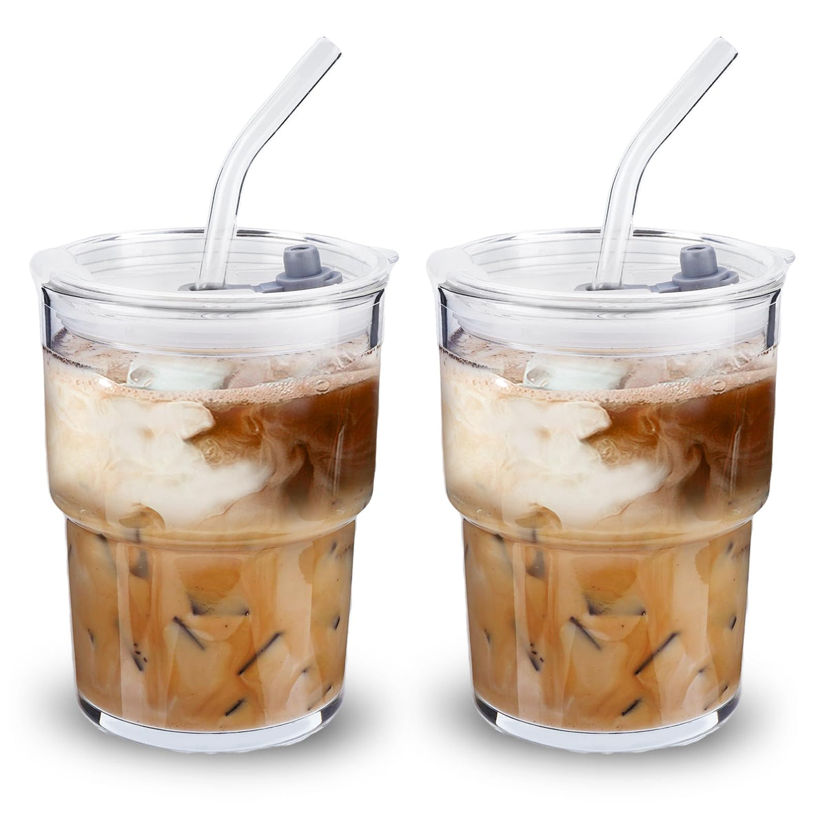 Colnic Iced Coffee Cup, 15Oz/450ml Glass Cups With Lids And Straws, Iced Coffee Glasses Tumbler, Thick Wall Mug For Tea Water With Glass Straw, Coffee Cute Tumbler Gifts (Pink)