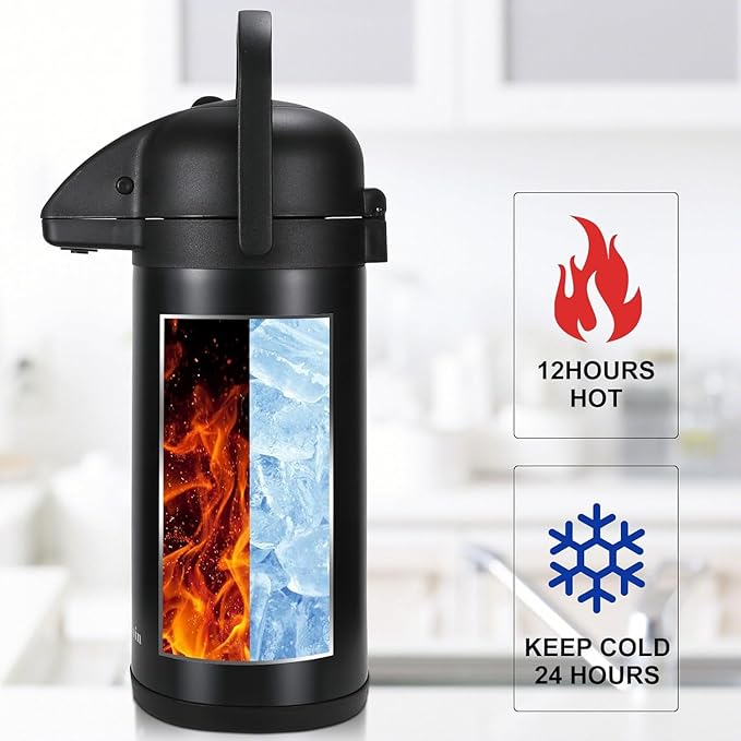Updated Airpot Coffee Dispenser with Pump, 85 OZ Insulated Thermal Coffee Carafe for Keeping Hot - Cold Water, Party Chocolate Drinks & Stainless Steel Thermos Urn Large Thermal Hot Drink (Black)