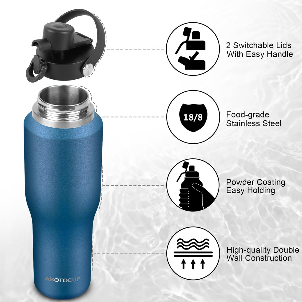 ABOTOCUP 32oz Water Bottle Insulated with Powder Coated, Fit in Any Car Cup Holder, Water Bottles with Straw and Spout Lids, Stainless Steel Insulated Double Wall Leak-proof BPA Free to Keep Cold&Hot