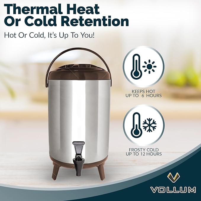 Stainless Steel Insulated Beverage Dispenser – Insulated Thermal Hot and Cold Coffee Carafe – 12 Liter Drink Dispenser with Spigot for Hot Water, Tea & Coffee, Cold Milk, Juice & More BROWN