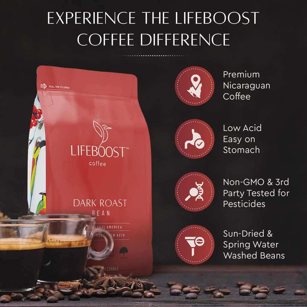 Lifeboost Dark Roast Whole Bean Coffee - Low Acid Organic Coffee, Non-GMO, USDA Organic, Single Origin, Third-Party Tested for Mycotoxins & Pesticides - 12 oz, Pack of 3