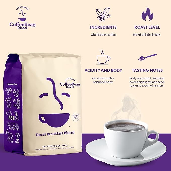 Coffee Bean Direct Decaf Breakfast Blend, Whole Bean Coffee, Mixed Roast Level, Smooth and Mellow, 5-Pound Bag