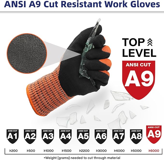 Schwer ProGuard Highest Level Cut Resistant Work Gloves PR3326 for Extreme Protection，ANSI A9 Cut Gloves with Reinforced Thumb, Non Slip, Non PFAS, Durable, Touch-screen, Orange 1 Pair(XXL)