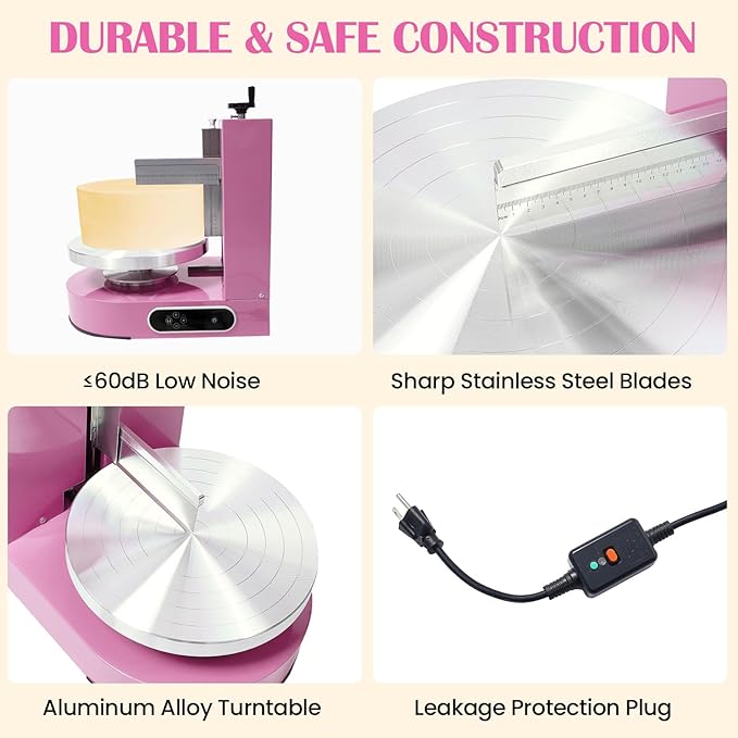 Cake Decorating Machine 200W Automatic, Tabletop Cake Cream Frosting Machine, Cream Smooth Coating Decoration Machine with LCD Display Type, Use for Cake Shops, Dessert Shops, Households (Pink)