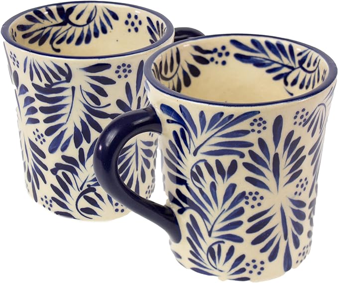 Global Crafts Mexican Pottery Mugs - Encantada Hand-Painted Mugs - 2-Pack Mango Beaker