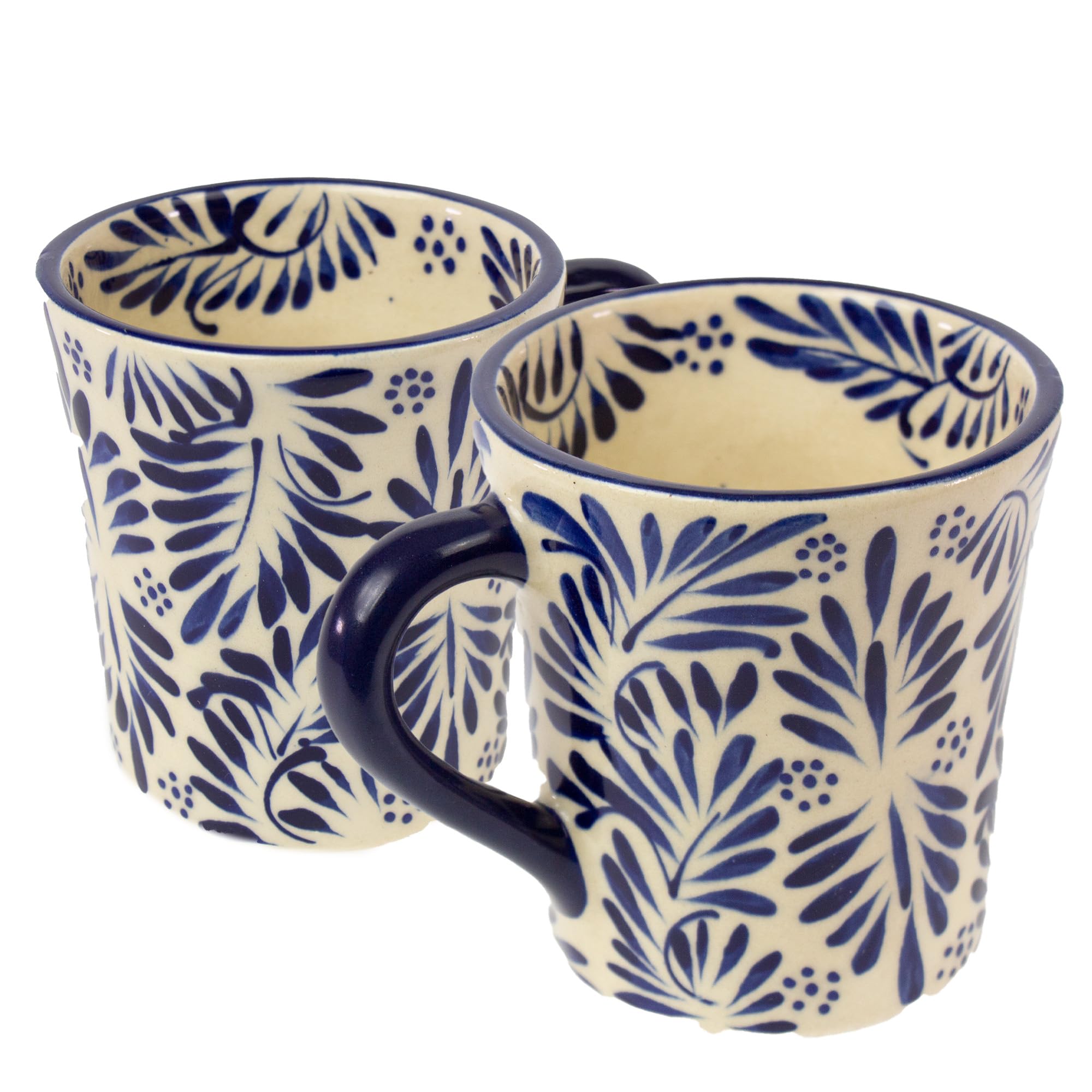 Global Crafts Mexican Pottery Mugs - Handmade Ceramic Mugs 2-Pack - Hand-Painted Blue Plumeado