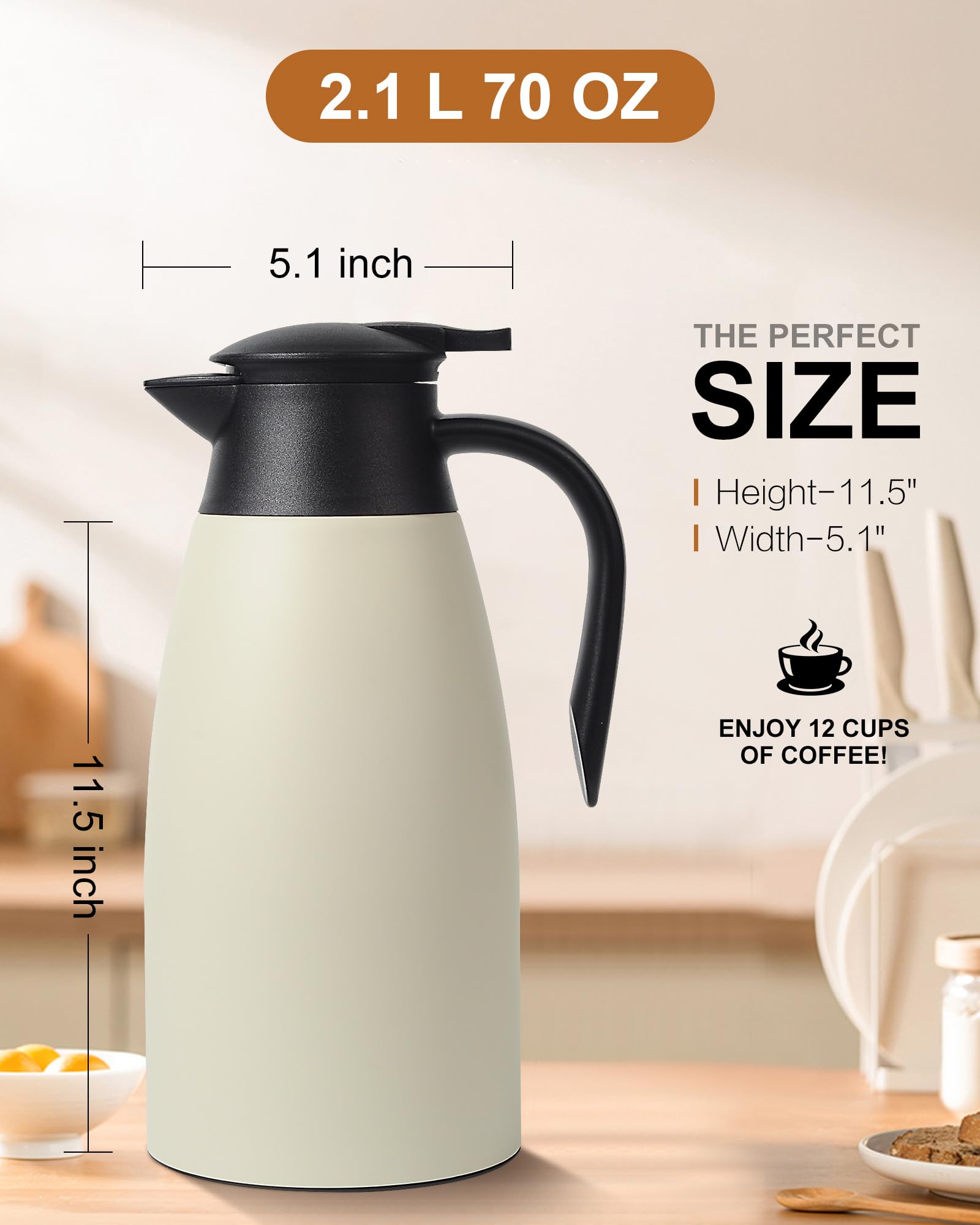 70 Oz Stainless Steel Coffee Carafe, Keeps Hot Beverages for 12 Hours, Double Walled Vacuum Insulated Carafe (White)