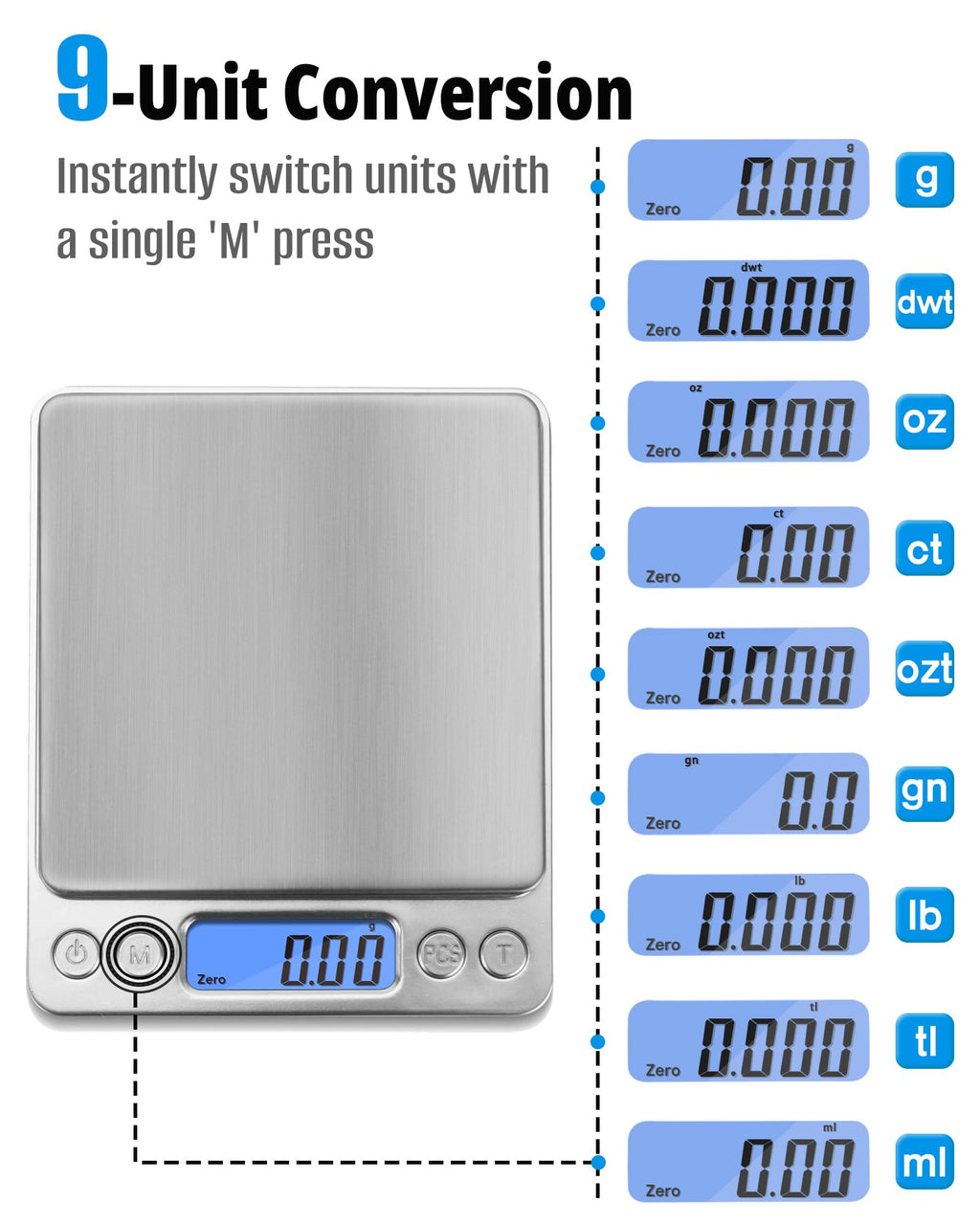 NEXT-SHINE Gram Scale 500g x 0.01g Precision, Digital Mini Pocket Size Portable Scale with Two Trays Nine Units, LCD Display Stainless Steel Platform for Weighing Jewelry Cooking Baking