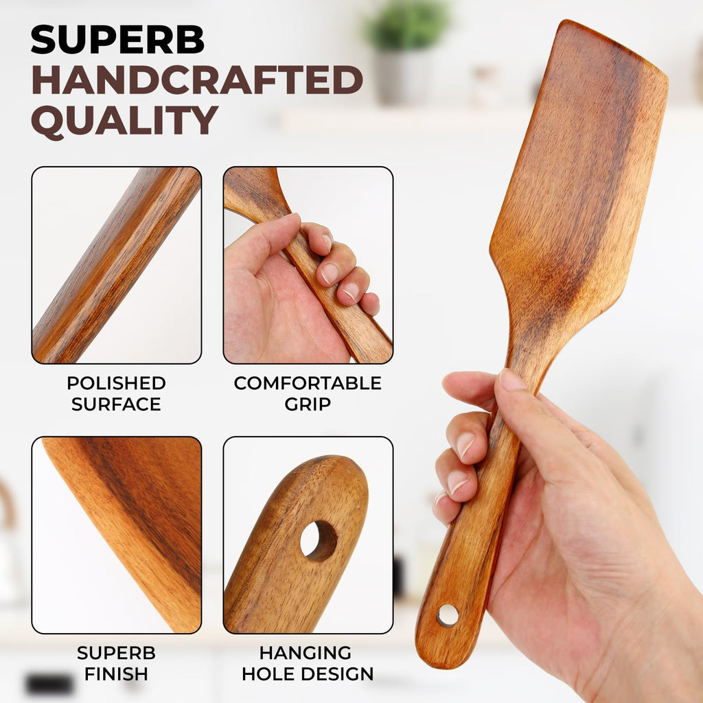 AIUHI Premium Teak Wood Spatula Set, 4-Piece Non-Stick Cooking Utensils for Kitchen, Includes Paddle, Turner, Slotted Spatula & Wood Scraper – Durable & Easy to Clean
