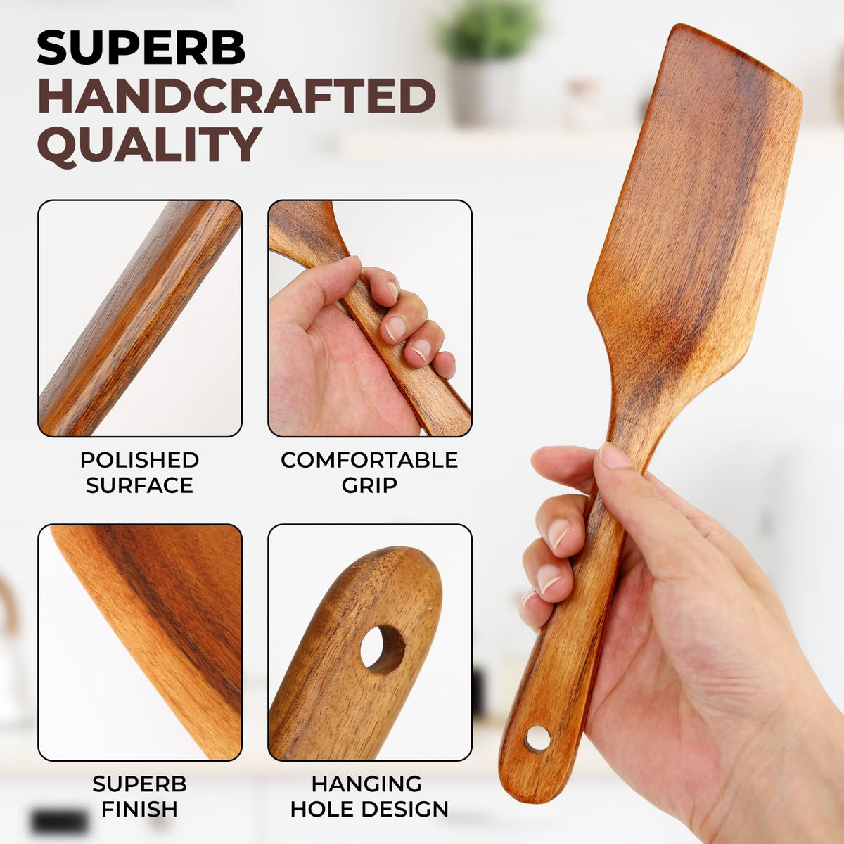 AIUHI Premium Teak Wood Spatula Set, 4-Piece Non-Stick Cooking Utensils for Kitchen, Includes Paddle, Turner, Slotted Spatula & Wood Scraper – Durable & Easy to Clean