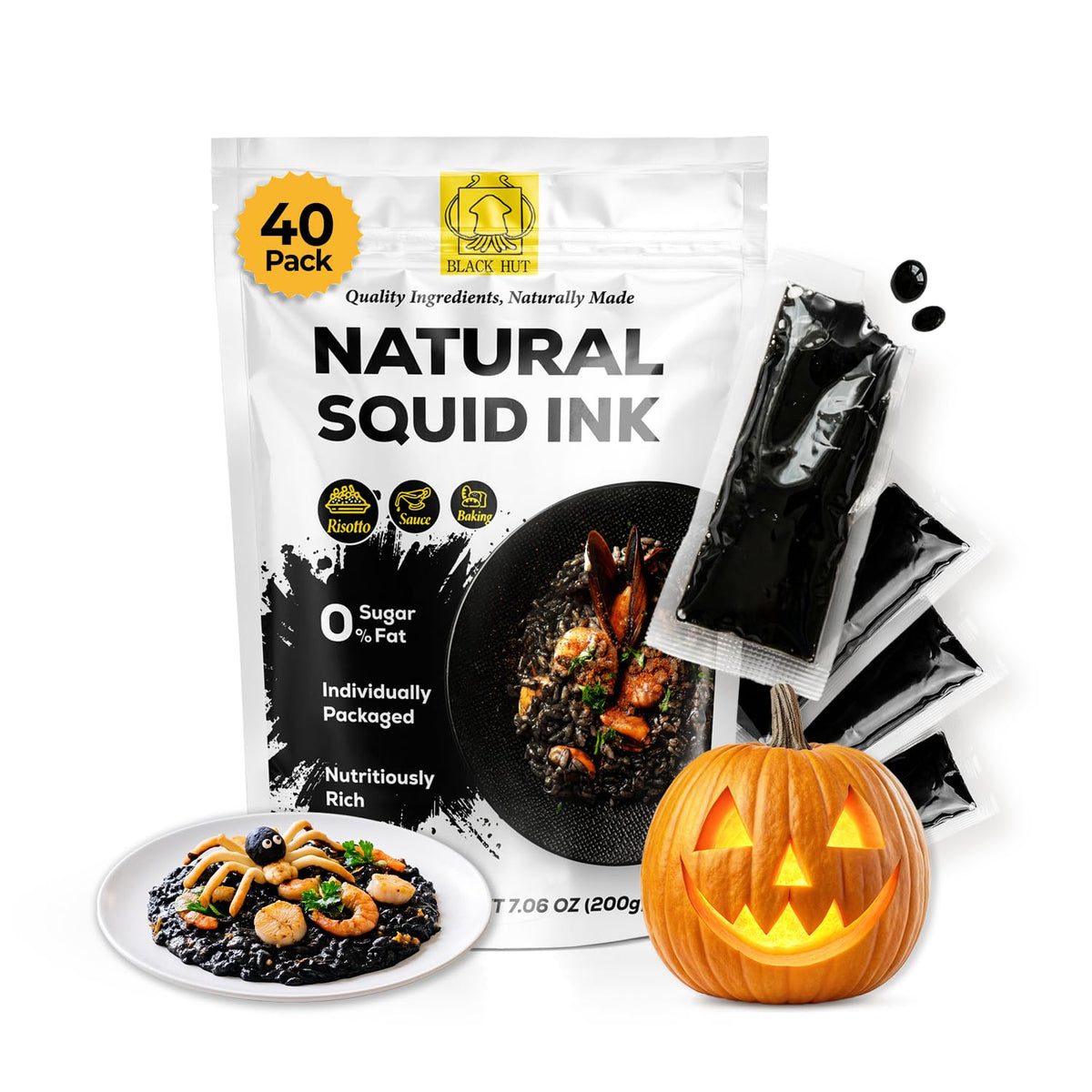 Black Hut Squid Ink for Cooking, Cuttlefish Ink, 5g x 40 Pack, 7.06 oz