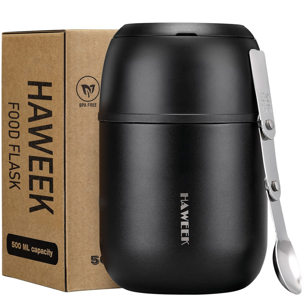 HAWEEK 17oz Insulated Food Jar with Spoon,Stainless Steel,Pure Black