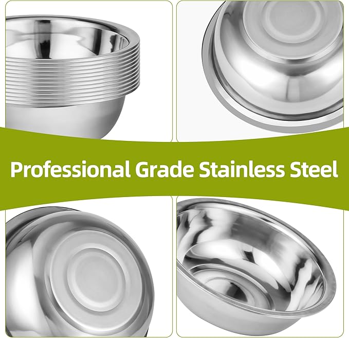 12 Pack 11 x 3 Inch Stainless Steel Mixing Bowls for Bulk Food Prep with Nesting Design for Hotel Restaurant and Home Kitchen Cooking in Silver