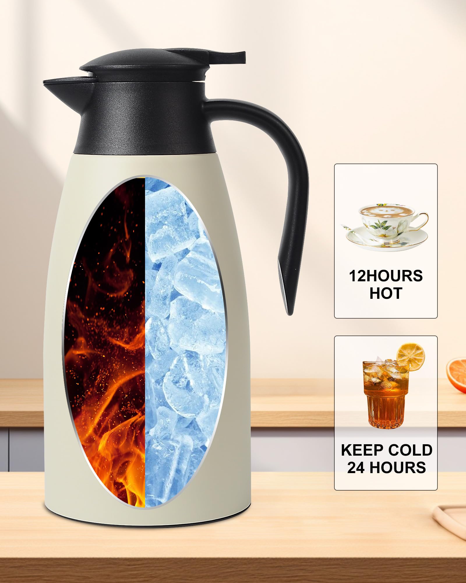 70 Oz Stainless Steel Coffee Carafe, Keeps Hot Beverages for 12 Hours, Double Walled Vacuum Insulated Carafe (White)