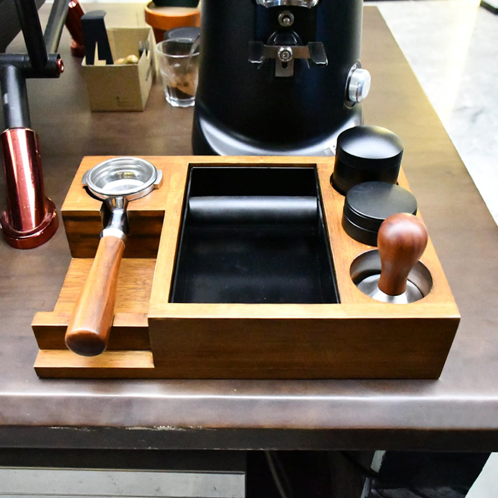 NAVREX 13.4'' Large Espresso Knock Box and Tamping Station, Solid Wood Espresso Accessories Organizer Box for 51MM-58MM Tamper, Distributor, Portafilter, High-Capacity Coffee Organizer