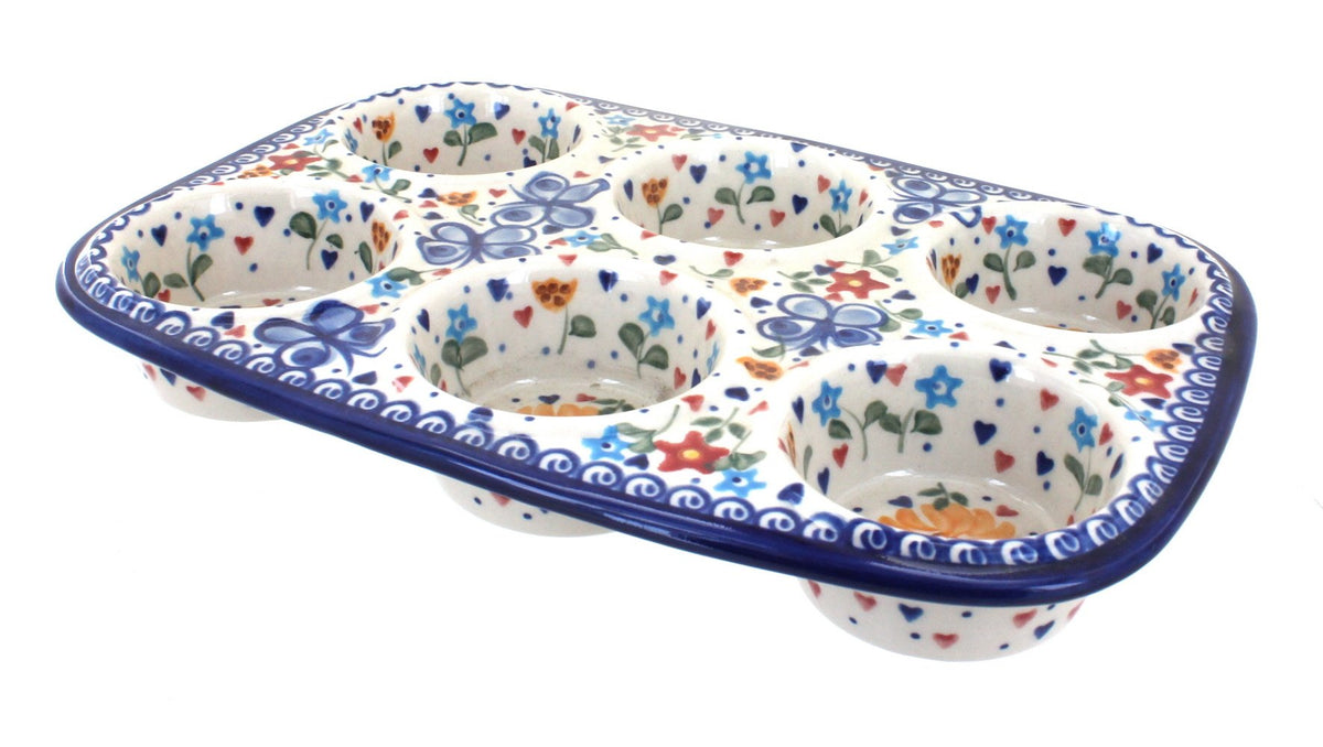Blue Rose Polish Pottery - Red Tara Muffin Pan - 12" x 8" - Ceramic Baking Dish, 6-Cup Muffin & Cupcake Pan