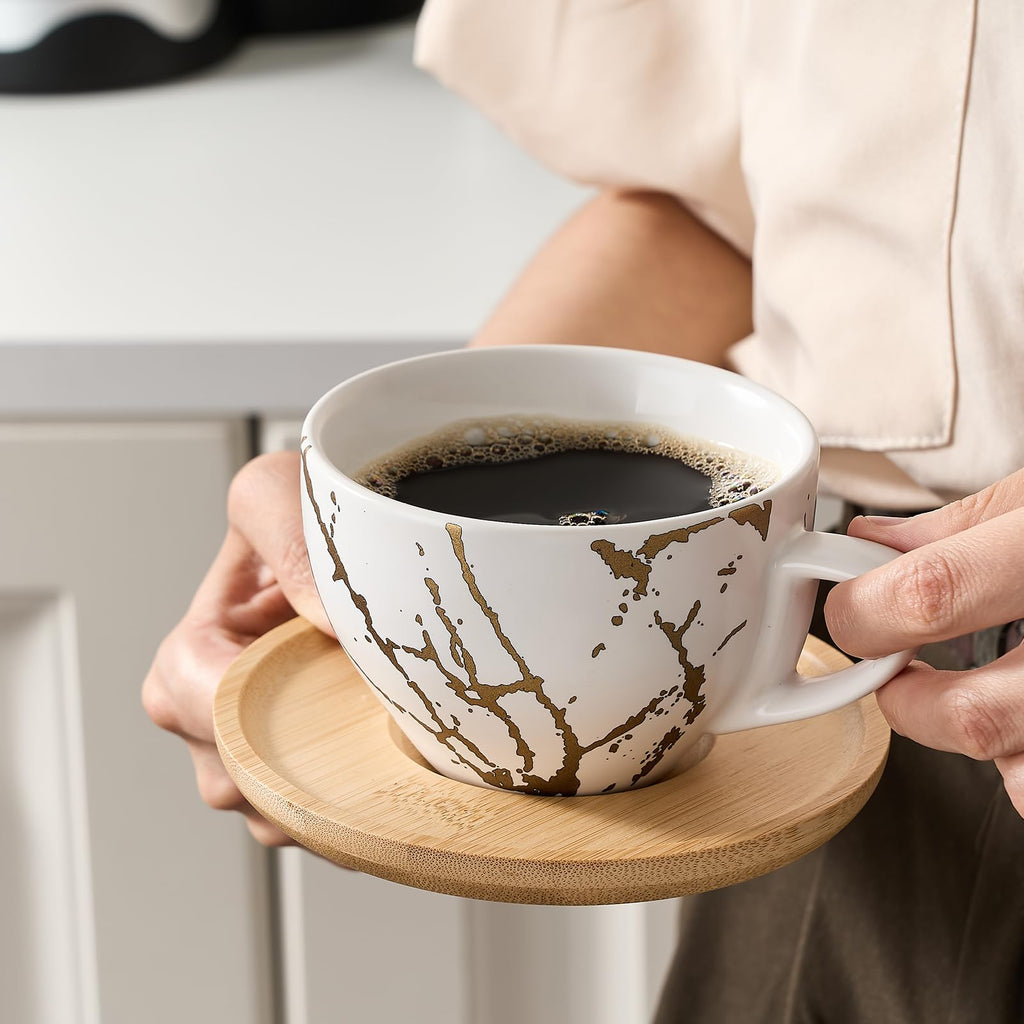 LUKA Ceramic Demitasse Espresso Cups Set with Saucers and Metal Stand, 8 oz Porcelain Stackable Cappuccino Cups Teacup For Tea, Espresso, Latte, Coffee, Cafe Mocha, Set of 4, White