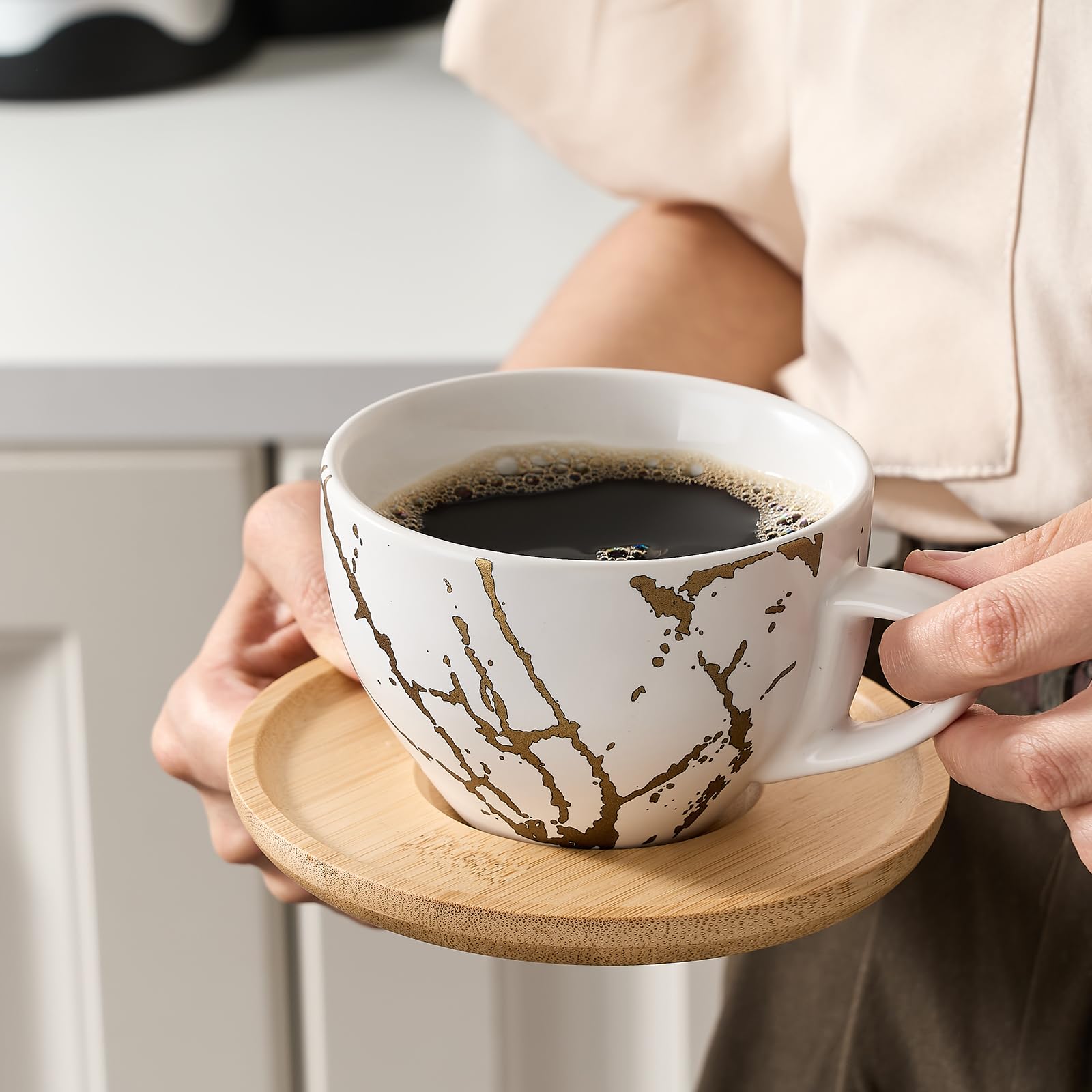 LUKA Ceramic Demitasse Espresso Cups Set with Saucers and Metal Stand, 8 oz Porcelain Stackable Cappuccino Cups Teacup For Tea, Espresso, Latte, Coffee, Cafe Mocha, Set of 4, White
