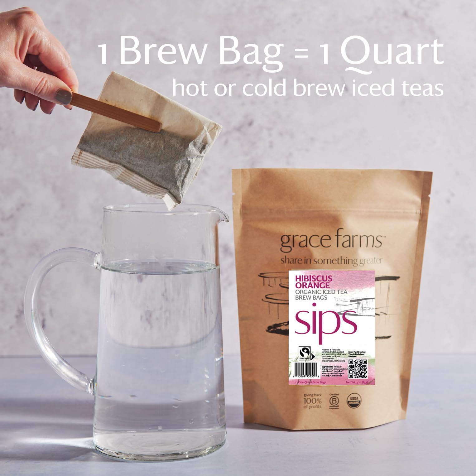 Grace Farms HIBISCUS ORANGE ORGANIC ICED TEA (Twelve 1qt. Brew Bags, 3 Gallons) | Refreshing, Tart and Vibrant, Naturally Sweet Sugar-Free | Easy Cold Brew