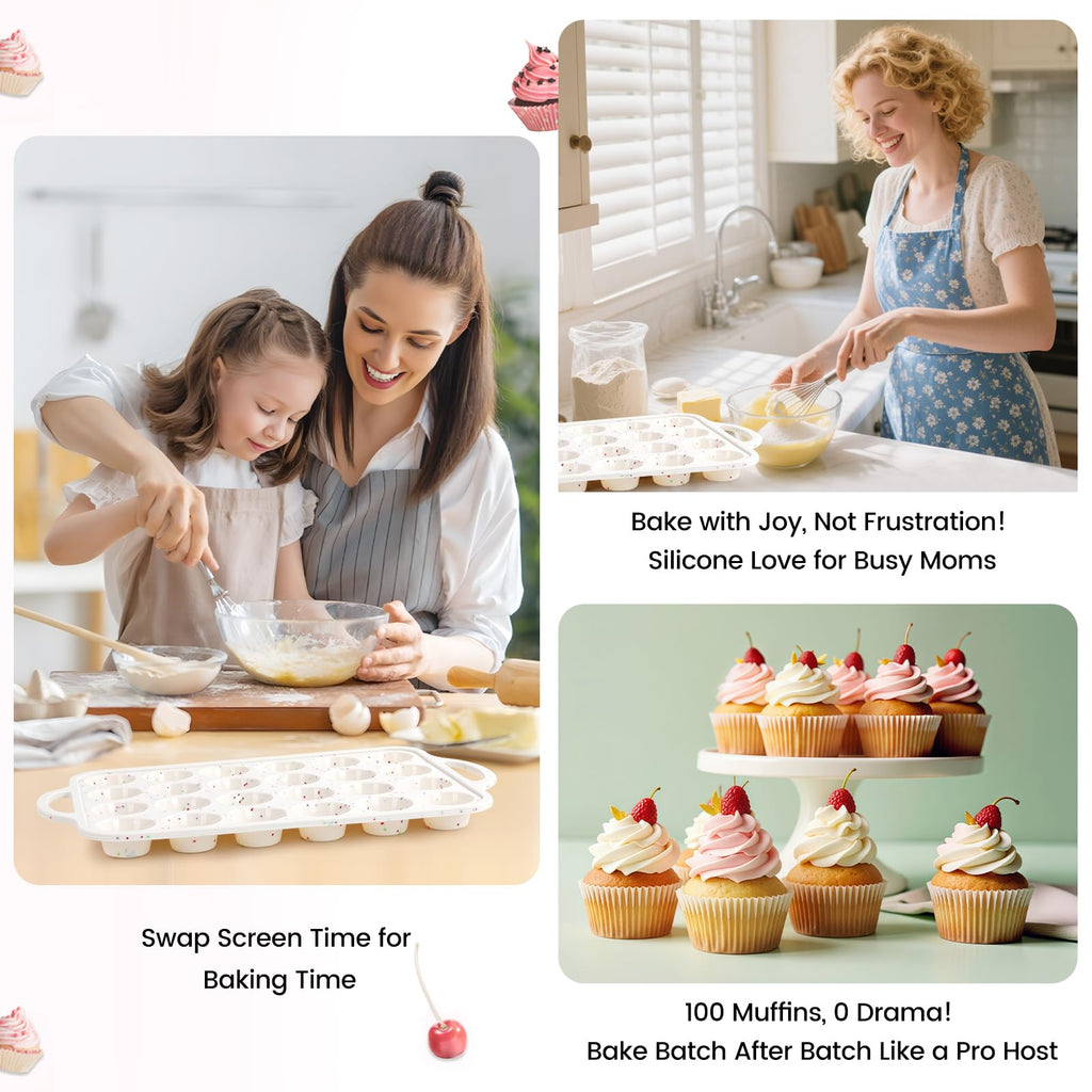 Fimary Silicone Muffin Pans With Metal Reinforced Frame - 24 Cups Durable Silicone Baking Pan for Muffins, Cupcakes, BPA Free and Dishwasher Safe - Beige with Rainbow Spots, Set of 2