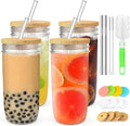 4-Pack 24oz Glass Cups with Lids and Straws - Wide Mouth Mason Jars, 12 Lids (Bamboo/Plastic) & 8 Straws - Reusable Tumblers for Smoothies, Iced Coffee