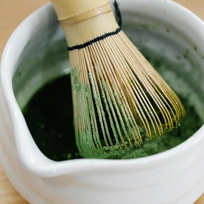 Marce Matcha Whisk Set- Matcha Set includes Matcha Whisk and Bowl (Bowl with Spout), Sifter, Holder and Scoop- The Perfect Bamboo Whisk for Matcha Tea (White- 7PC)