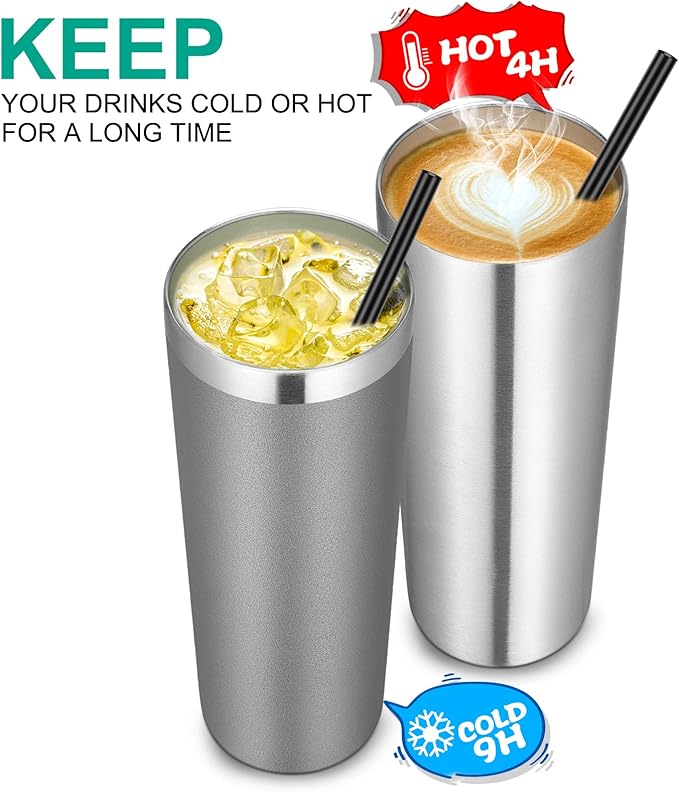 VEGOND Stainless Steel Skinny Tumbler, 20 oz Vacuum Insulated Tumbler with Lid and Straw, Double Wall Coffee Cup, Travel Mug for Cold Hot Drinks, Stainless Steel 1 Pack