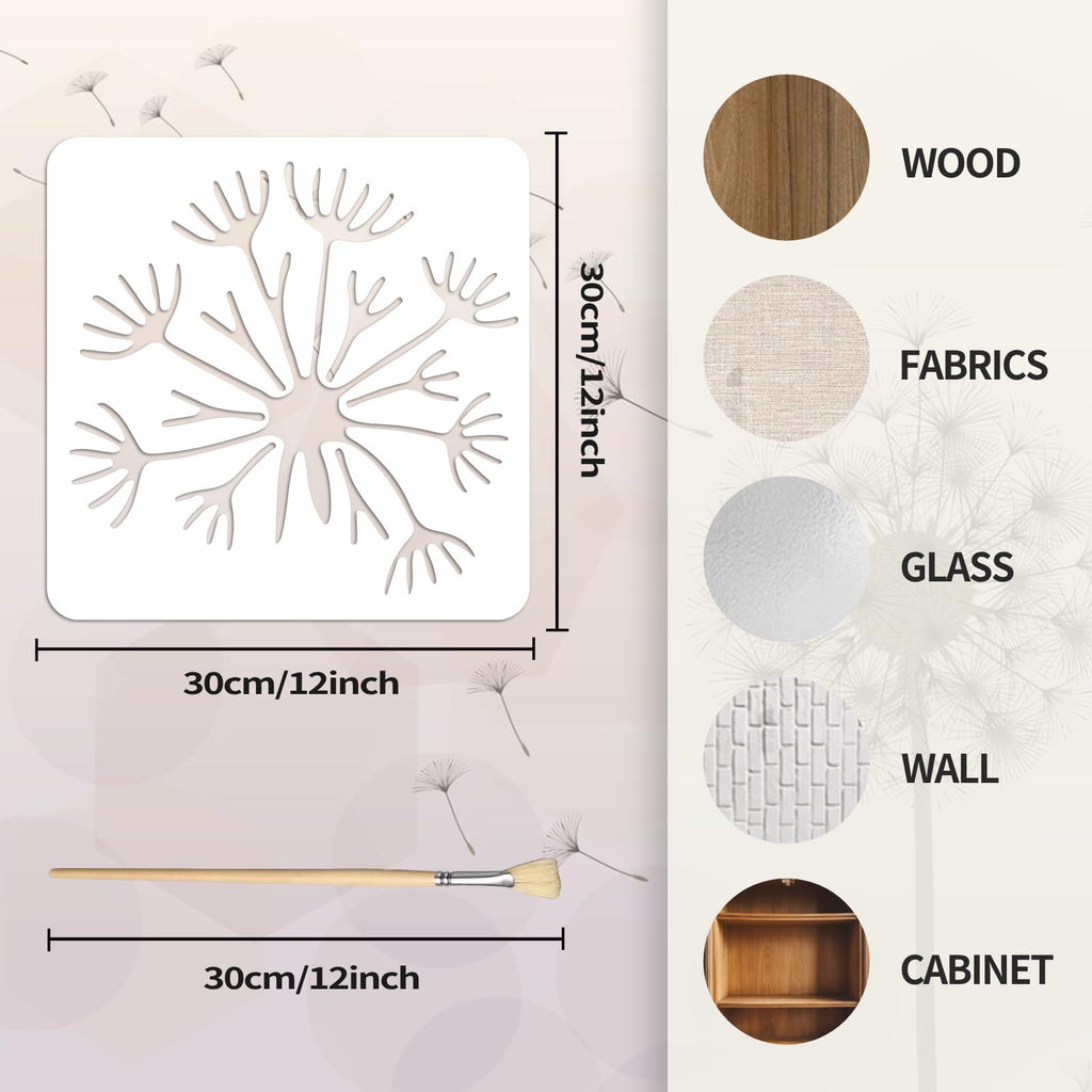 TWINKLEMON 12PCS Large Flower Stencils for Painting on Wood 12 x 12 Inch Dandelion Stencil with Brushes Butterfly Stencil Large Floral Stencils for Walls Garden Fence Furniture Fabric