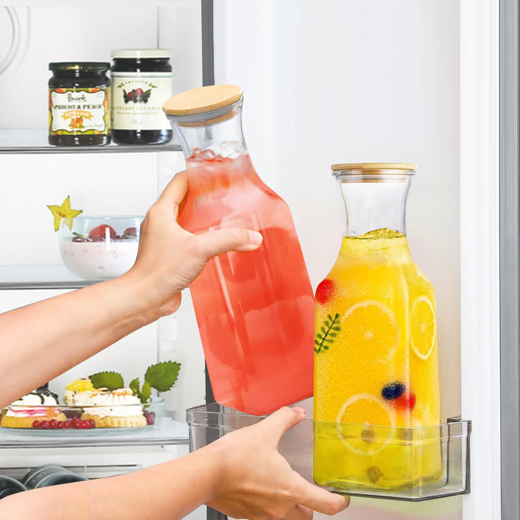 Tinaforld Glass Carafe with Bamboo Lid, Square 35 Oz Beverage Dispensers Carafe, Mimosa Bar Supplies, Round Clear Glass Pitcher with Name Labels for Iced Tea, Coffee, Juice(Set of 6)
