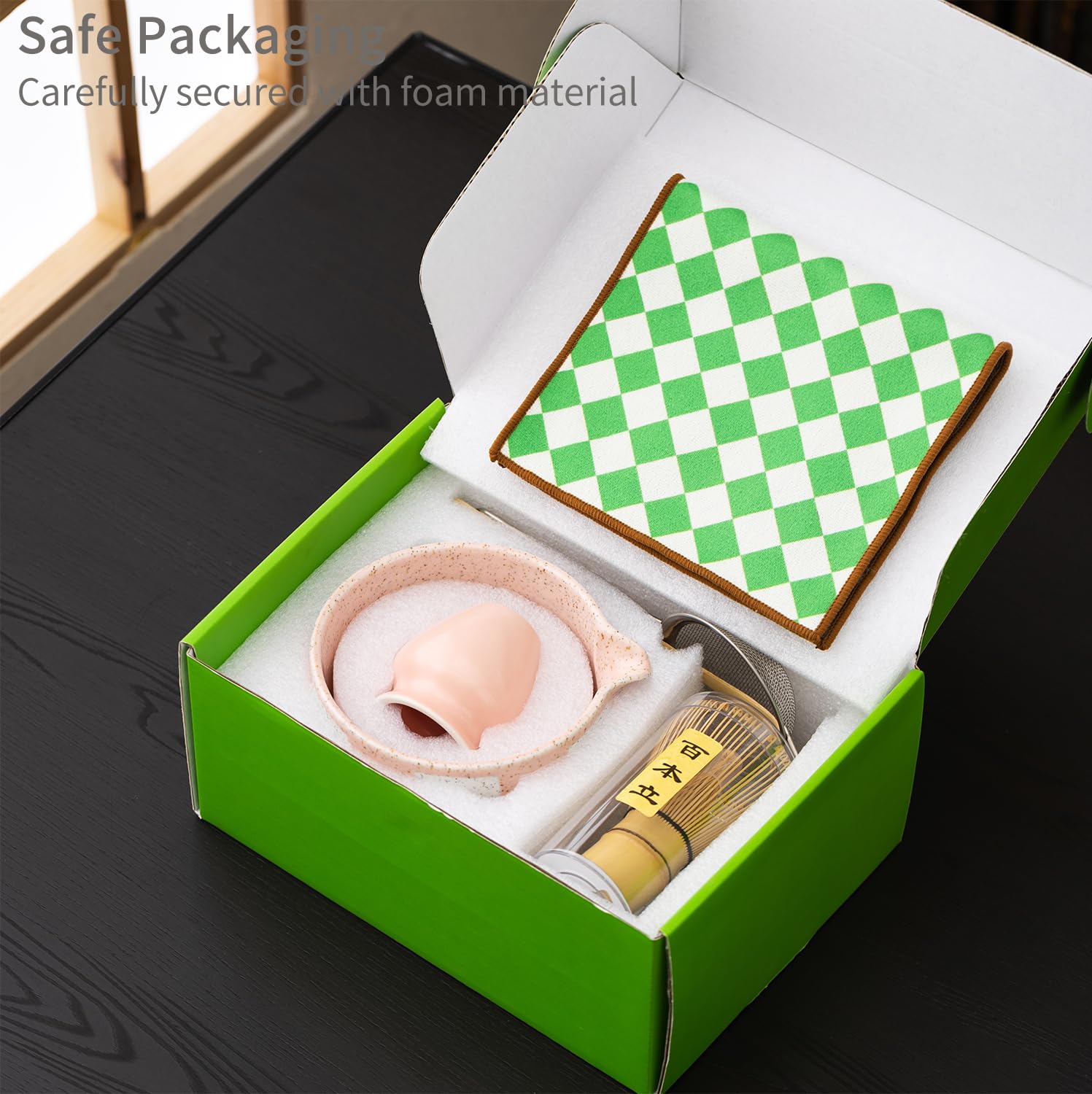 Premium 7-Piece Matcha Tea Set – Traditional Japanese Style with Elegant Grid Pattern, Includes Bamboo Whisk, Ceramic Bowl, Scoop & More – Perfect for Matcha Lovers & Tea Ceremony (Pink grid)