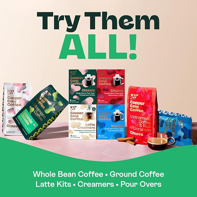 Copper Cow Premium Pour Over Single-Serve Vietnamese Coffee | Churro | Dark Roast | Flavored with Real Cinnamon | Includes 16 Coffees