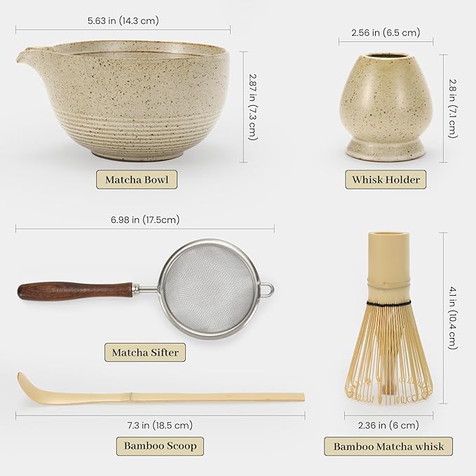 Matcha Set - Match Bowl with Spout and Whisk, 14 OZ, Matcha Scoop, Matcha Whisk and Holder, Matcha Sifter - 5pc Perfect Matcha Kit for Matcha Tea Ceremony (Mottled vintage)