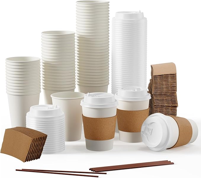 JOLLY PARTY [50 Pack] 20 oz Paper Coffee Cups, Disposable Paper Coffee Cup with Lids, Sleeves, and Stirrers, Hot/Cold Beverage Drinking Cup for Water, Juice or Tea, Suitable for Home, Shops and Cafes