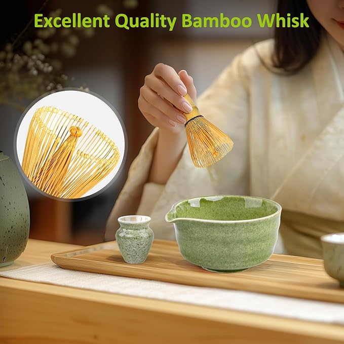 Matcha Set, 9 Pcs Japanese Matcha Whisk Set Matcha Tea Set for Traditional Tea Ceremony, Ceramic Matcha Kit for Matcha Drinks Matcha Set Whisk and Bowl Gift for Starters & Matcha Lover, Green